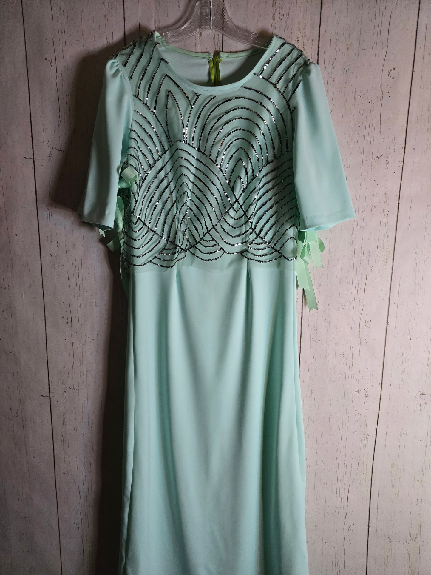 Elegant long green light green dress with 3/4 sleeves made for JulissaDesigns Collection