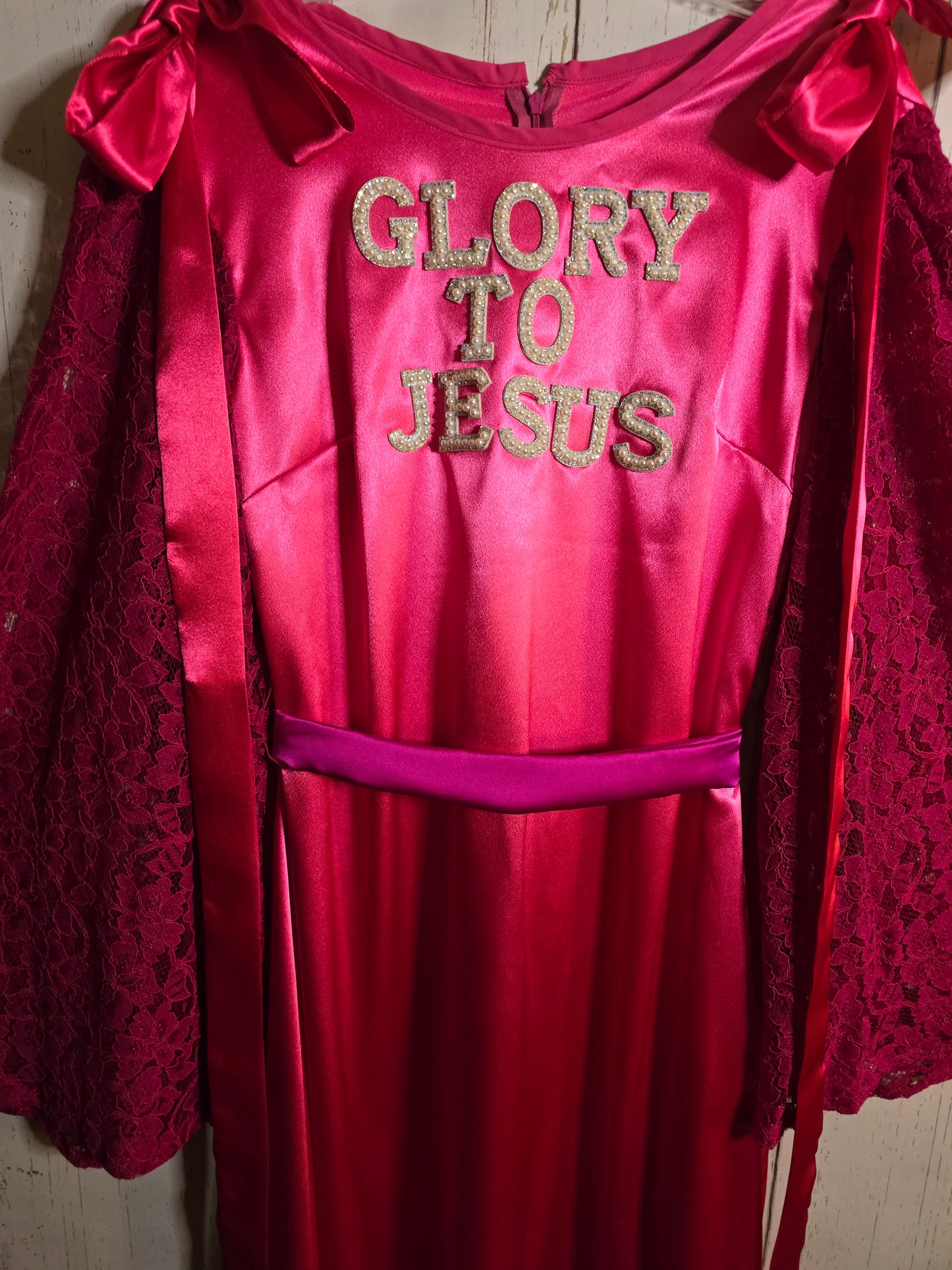 Glory to Jesus long Pink Silky dress with lace sleeves and ribbons