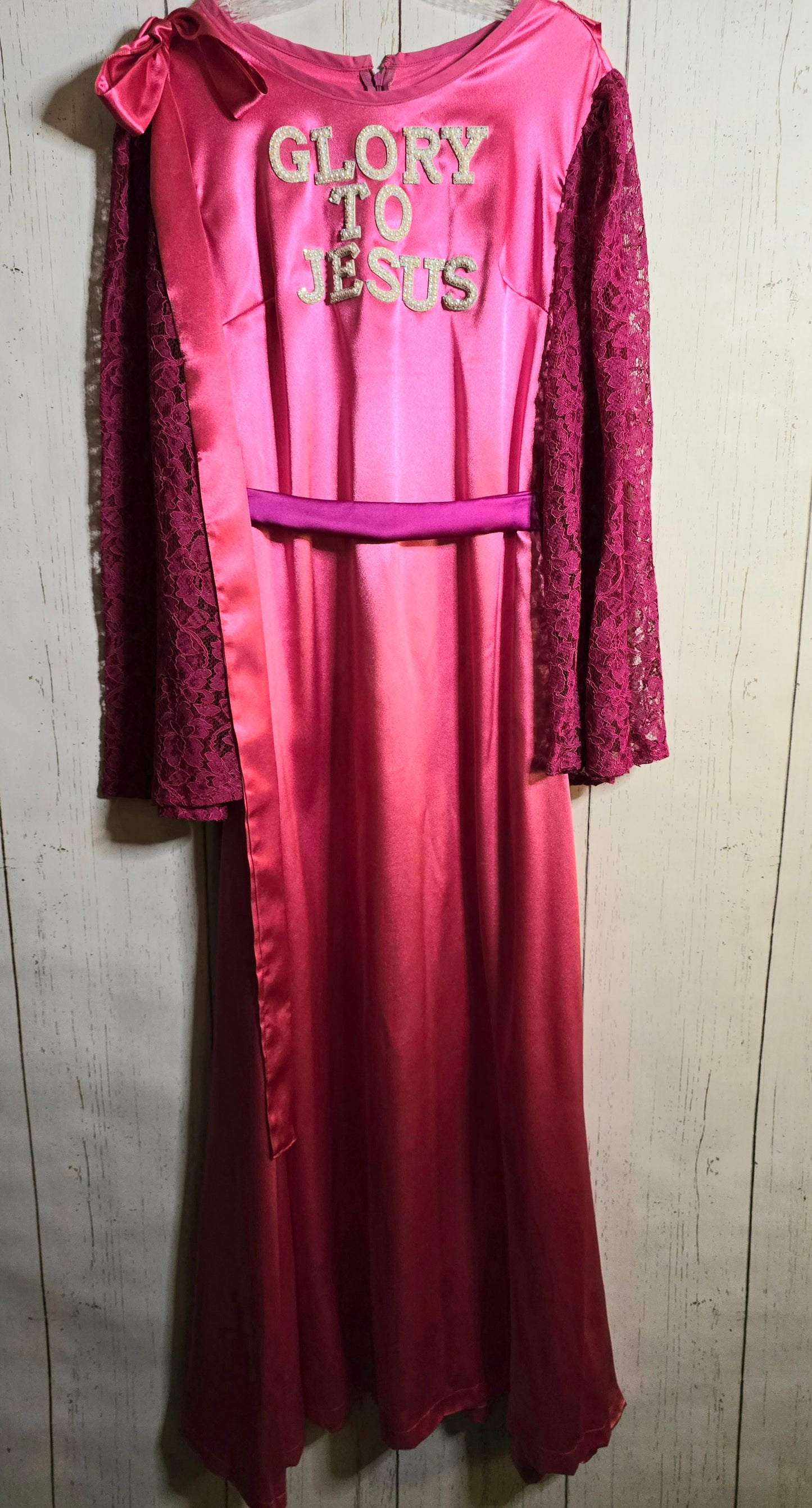 Glory to Jesus long Pink Silky dress with lace sleeves and ribbons