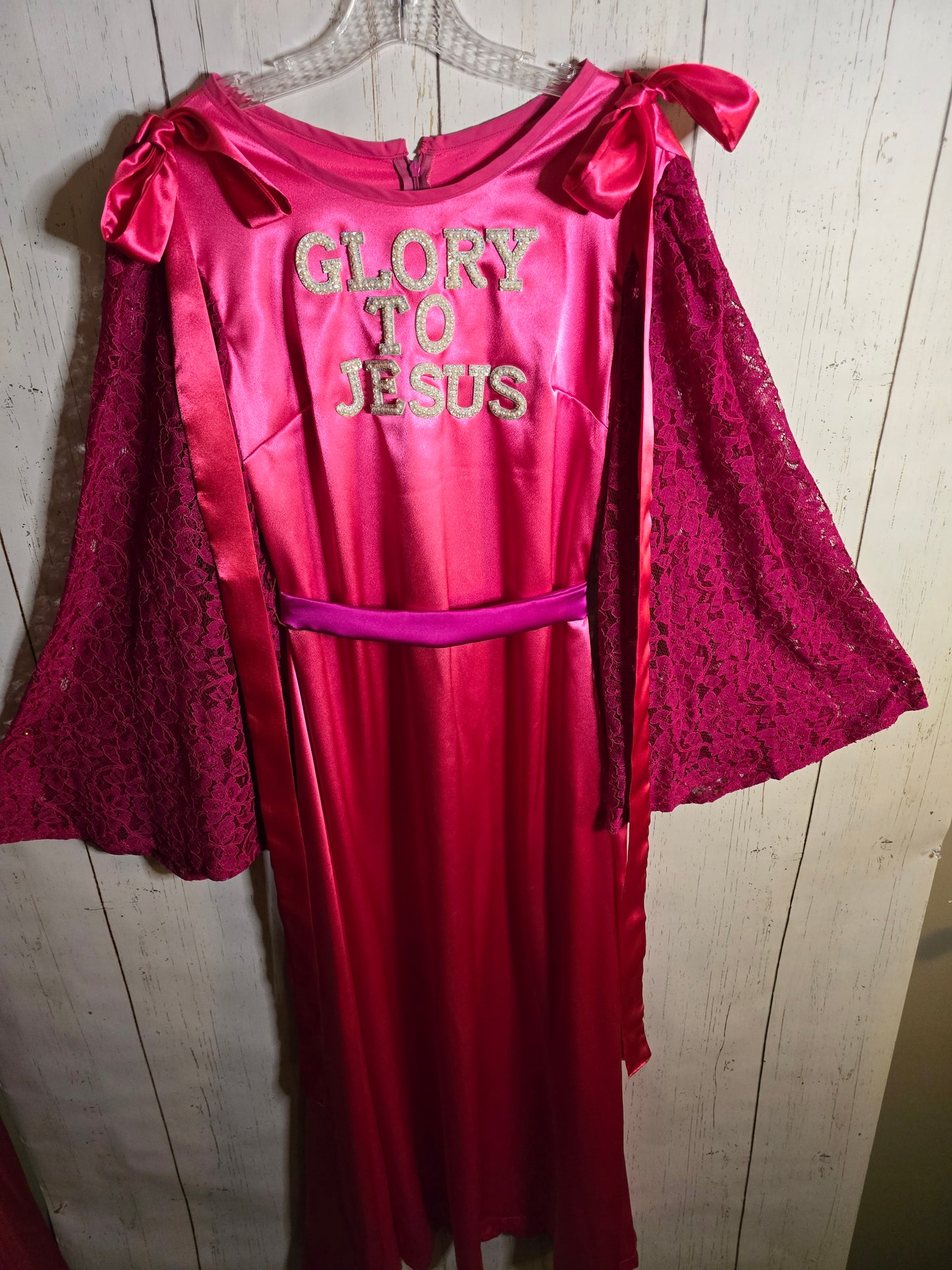 Glory to Jesus long Pink Silky dress with lace sleeves and ribbons