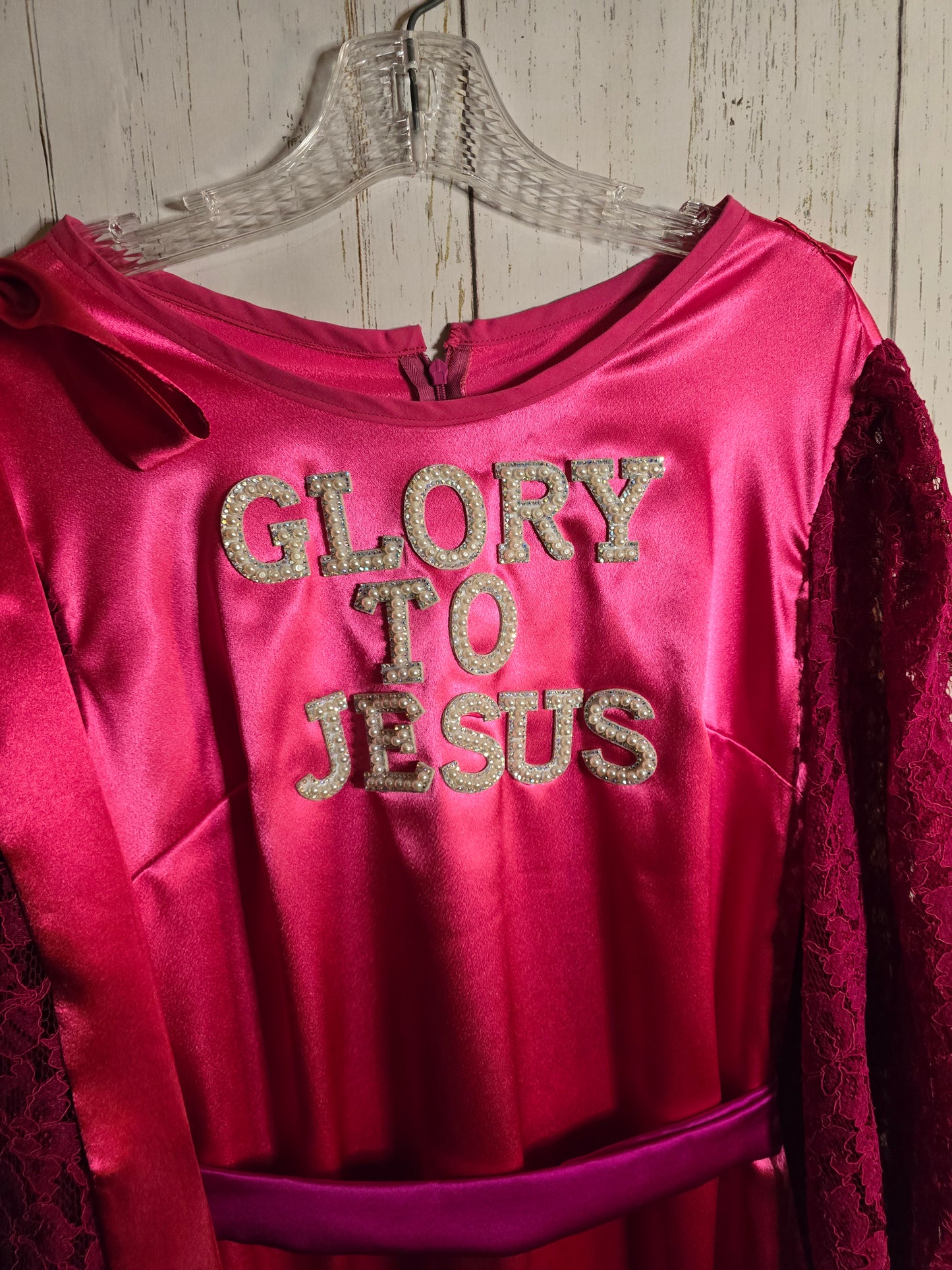 Glory to Jesus long Pink Silky dress with lace sleeves and ribbons