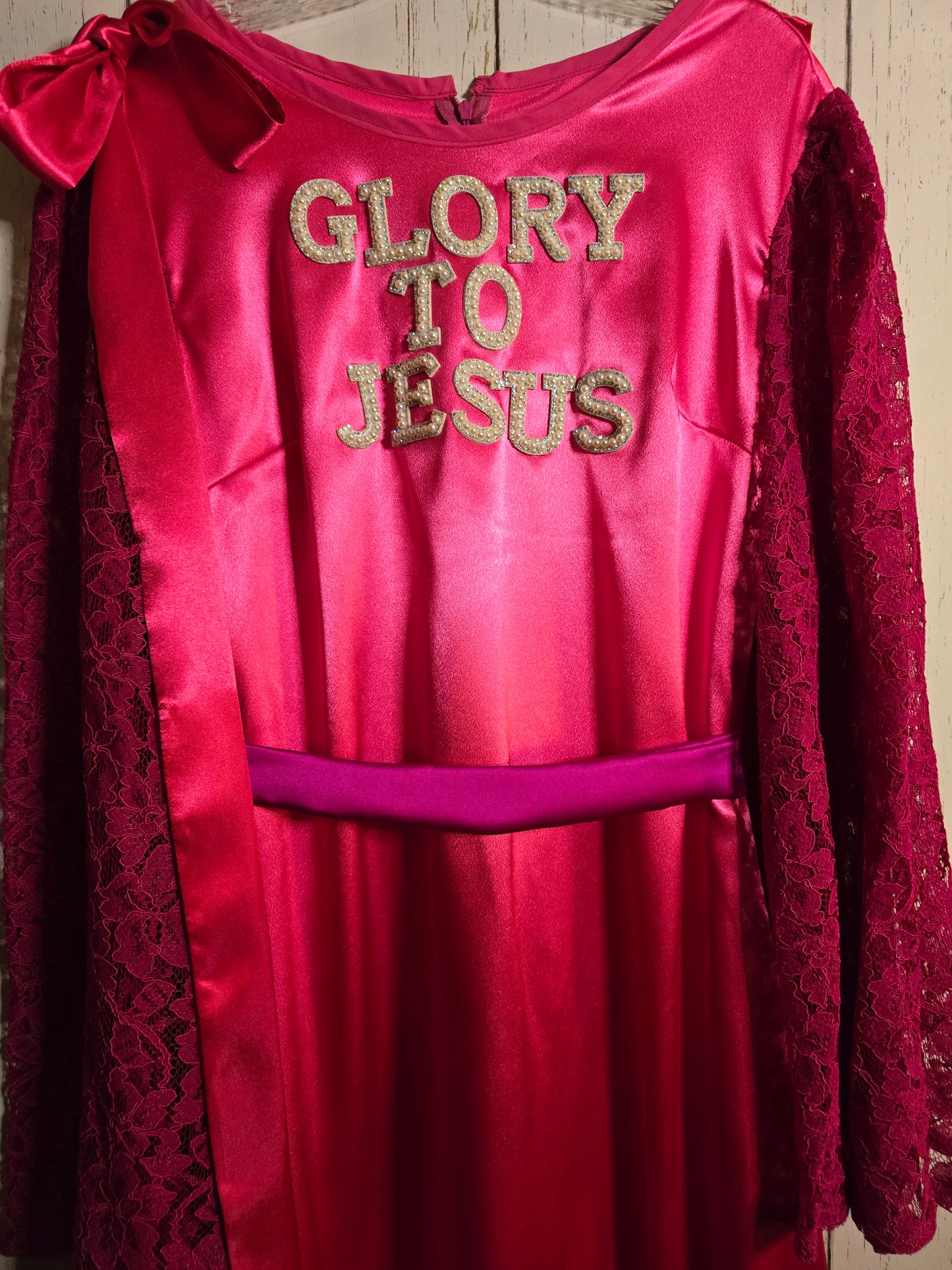 Glory to Jesus long Pink Silky dress with lace sleeves and ribbons