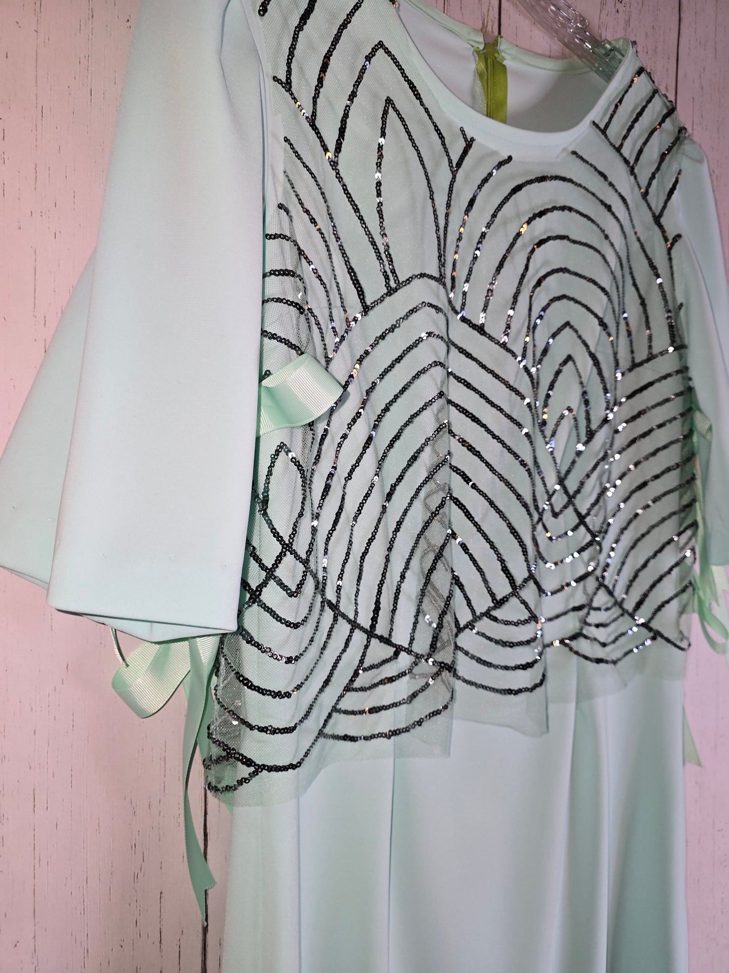 Elegant long green light green dress with 3/4 sleeves made for JulissaDesigns Collection