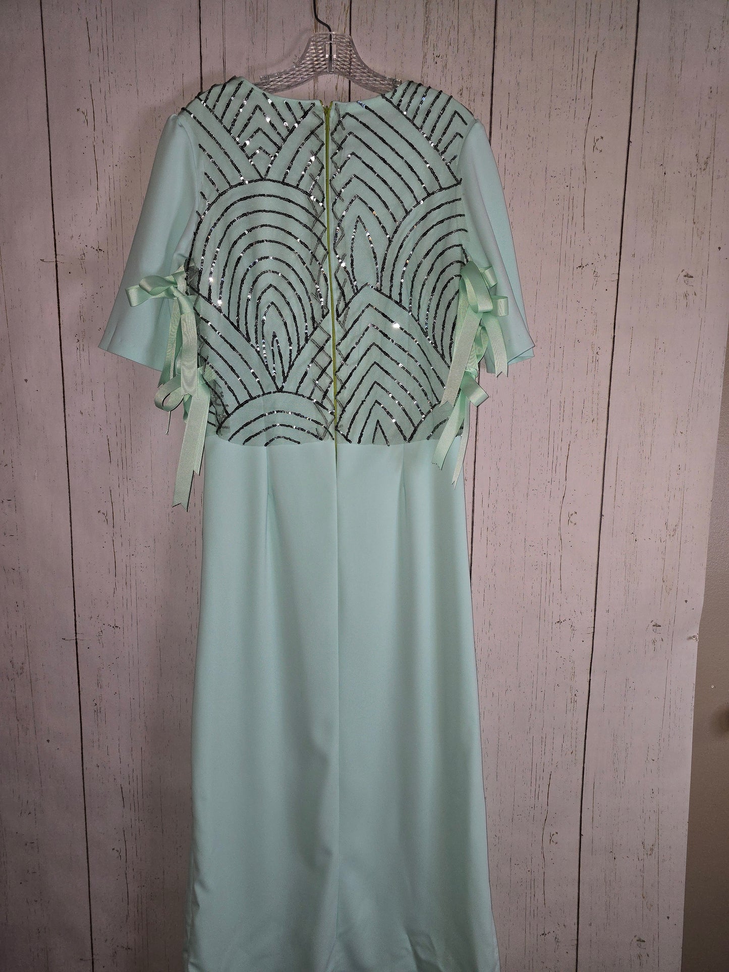 Elegant long green light green dress with 3/4 sleeves made for JulissaDesigns Collection