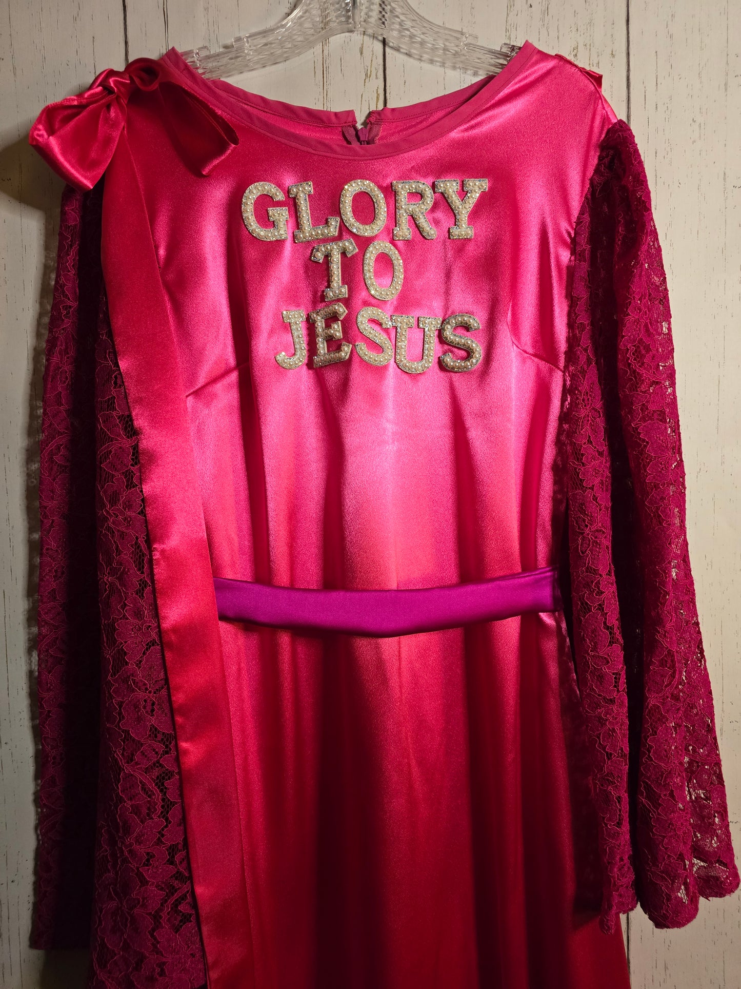 Glory to Jesus long Pink Silky dress with lace sleeves and ribbons