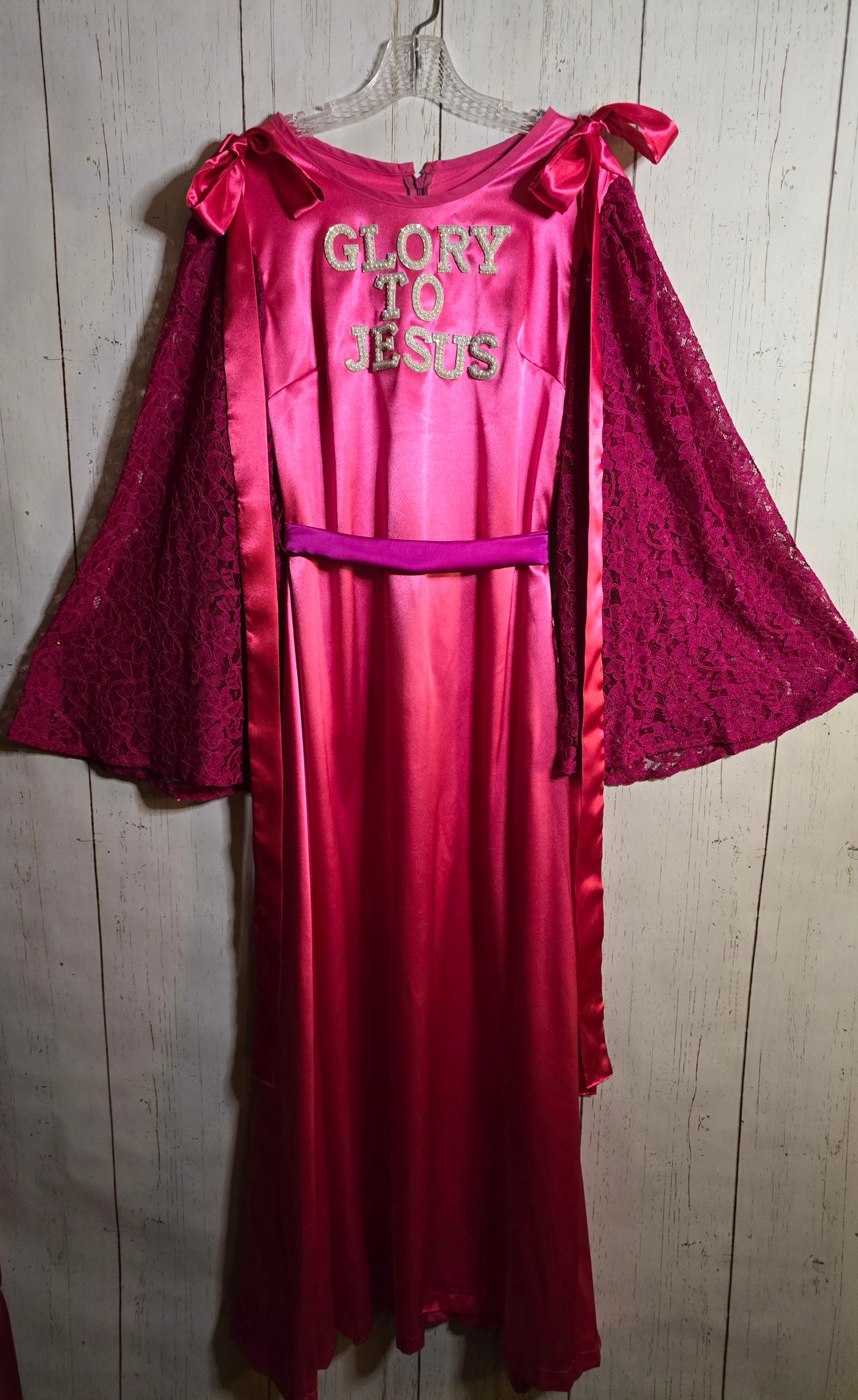 Glory to Jesus long Pink Silky dress with lace sleeves and ribbons