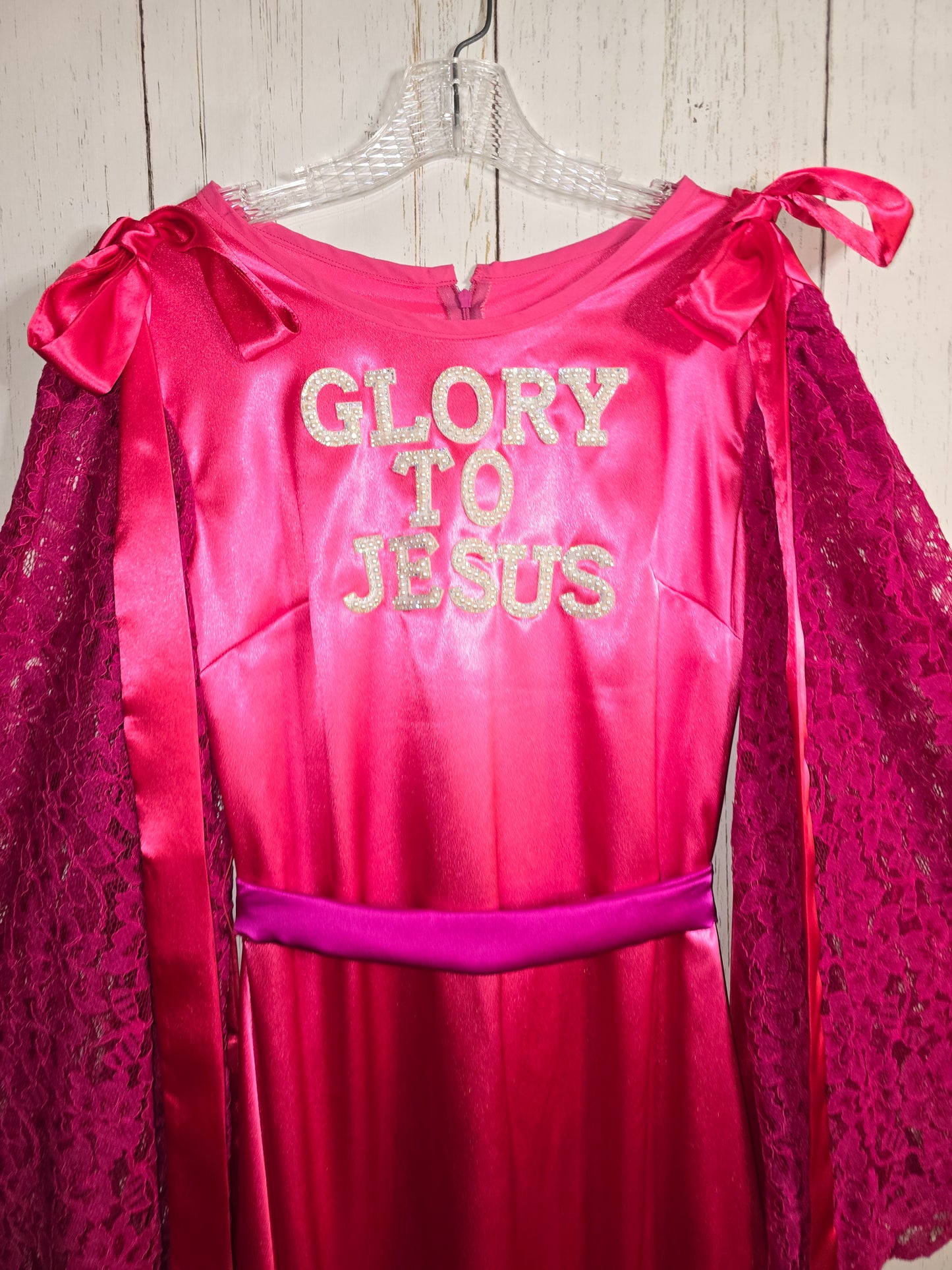 Glory to Jesus long Pink Silky dress with lace sleeves and ribbons