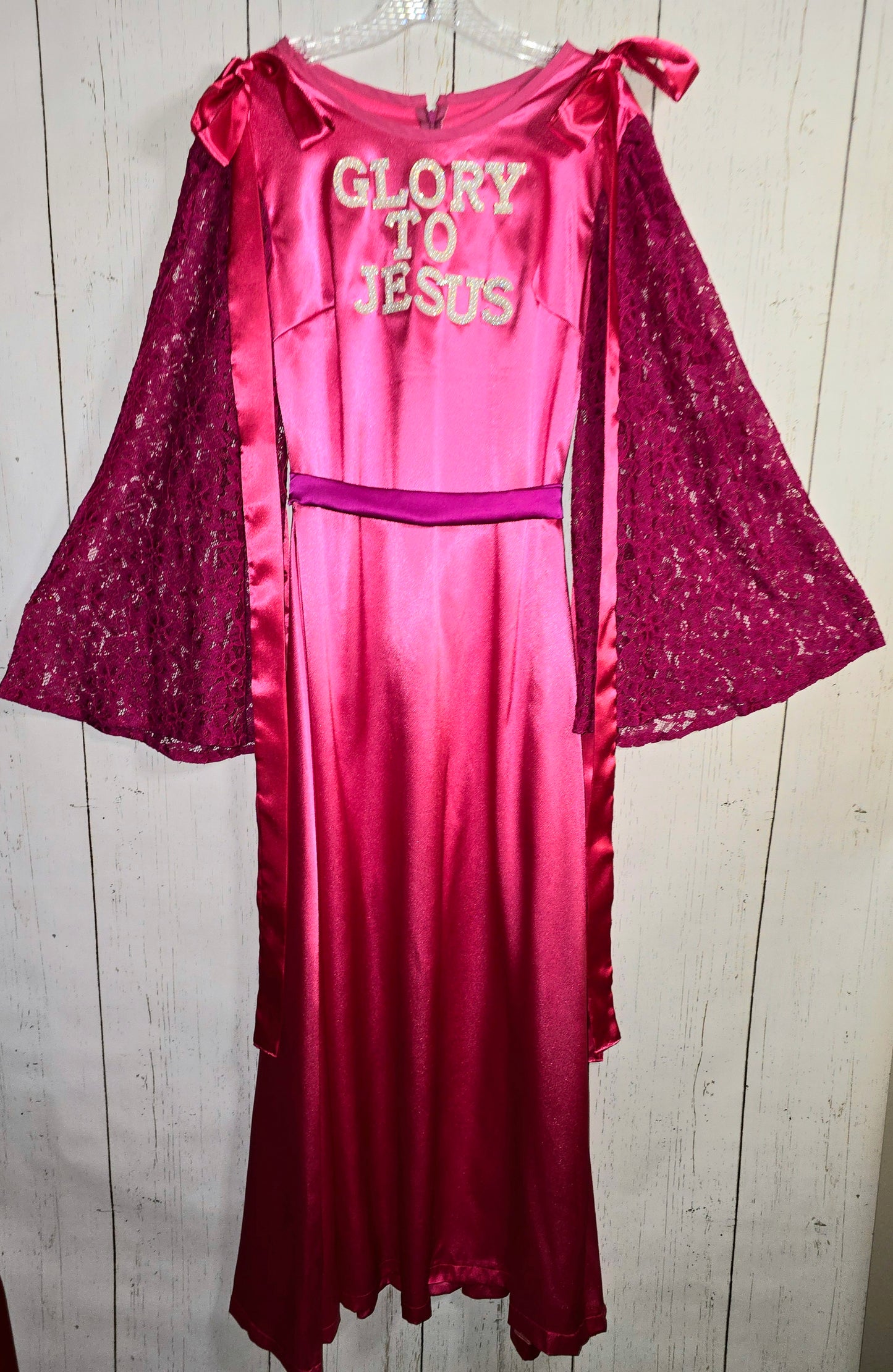 Glory to Jesus long Pink Silky dress with lace sleeves and ribbons