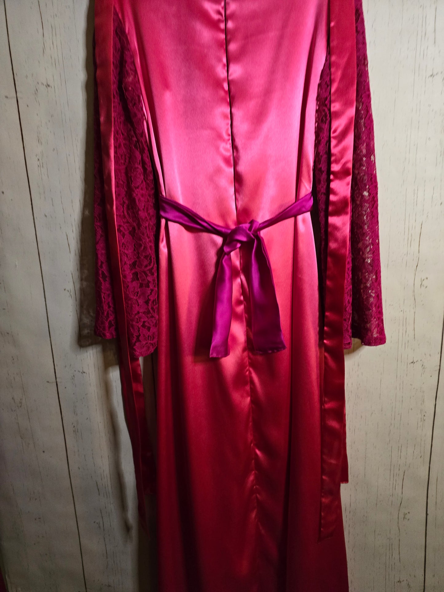 Glory to Jesus long Pink Silky dress with lace sleeves and ribbons