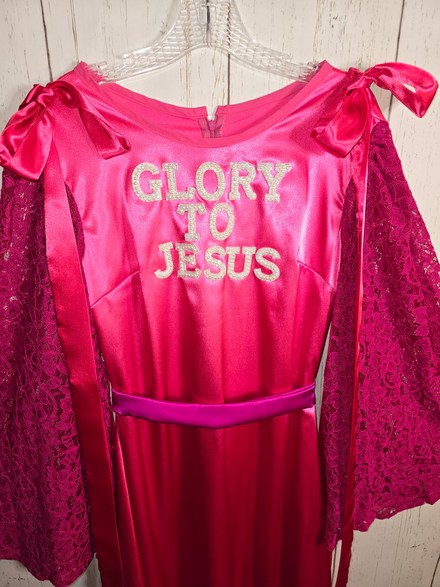 Glory to Jesus long Pink Silky dress with lace sleeves and ribbons