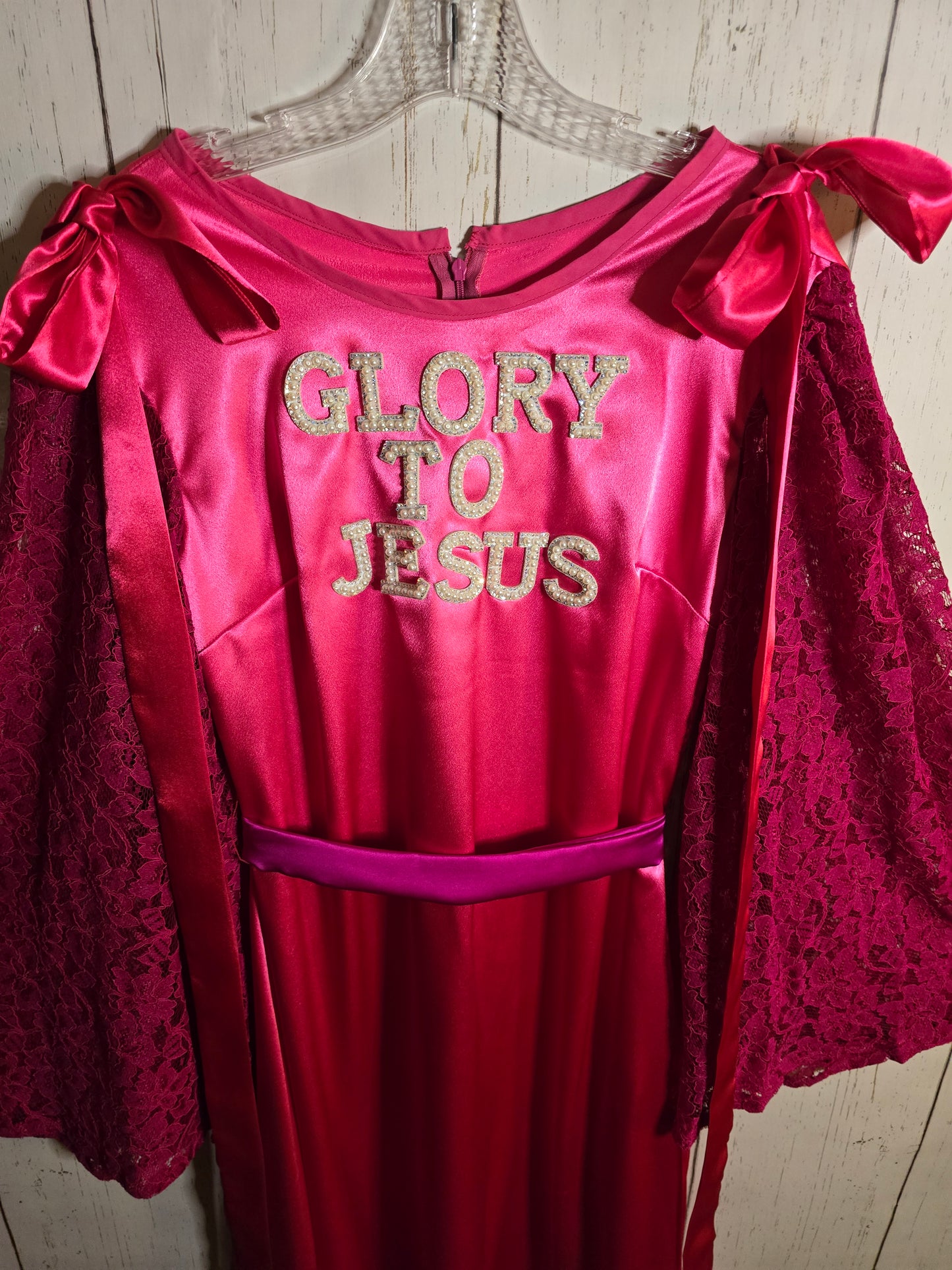 Glory to Jesus long Pink Silky dress with lace sleeves and ribbons