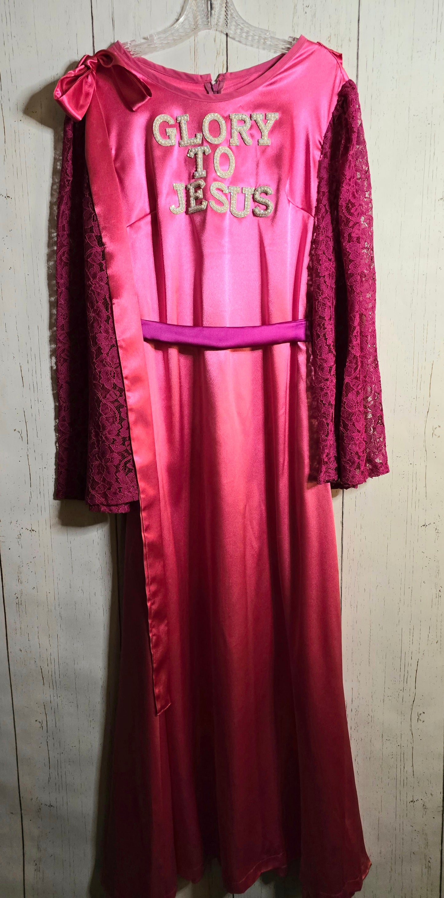 Glory to Jesus long Pink Silky dress with lace sleeves and ribbons