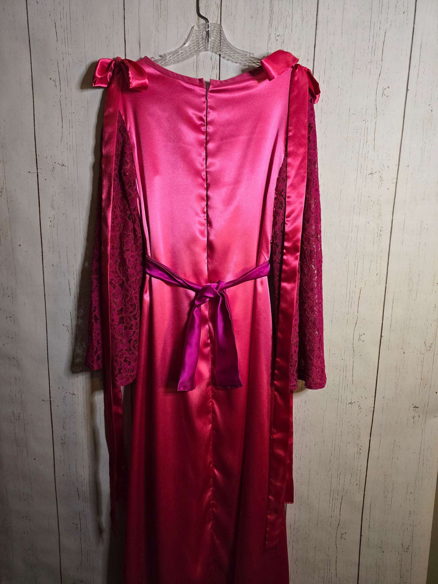 Glory to Jesus long Pink Silky dress with lace sleeves and ribbons