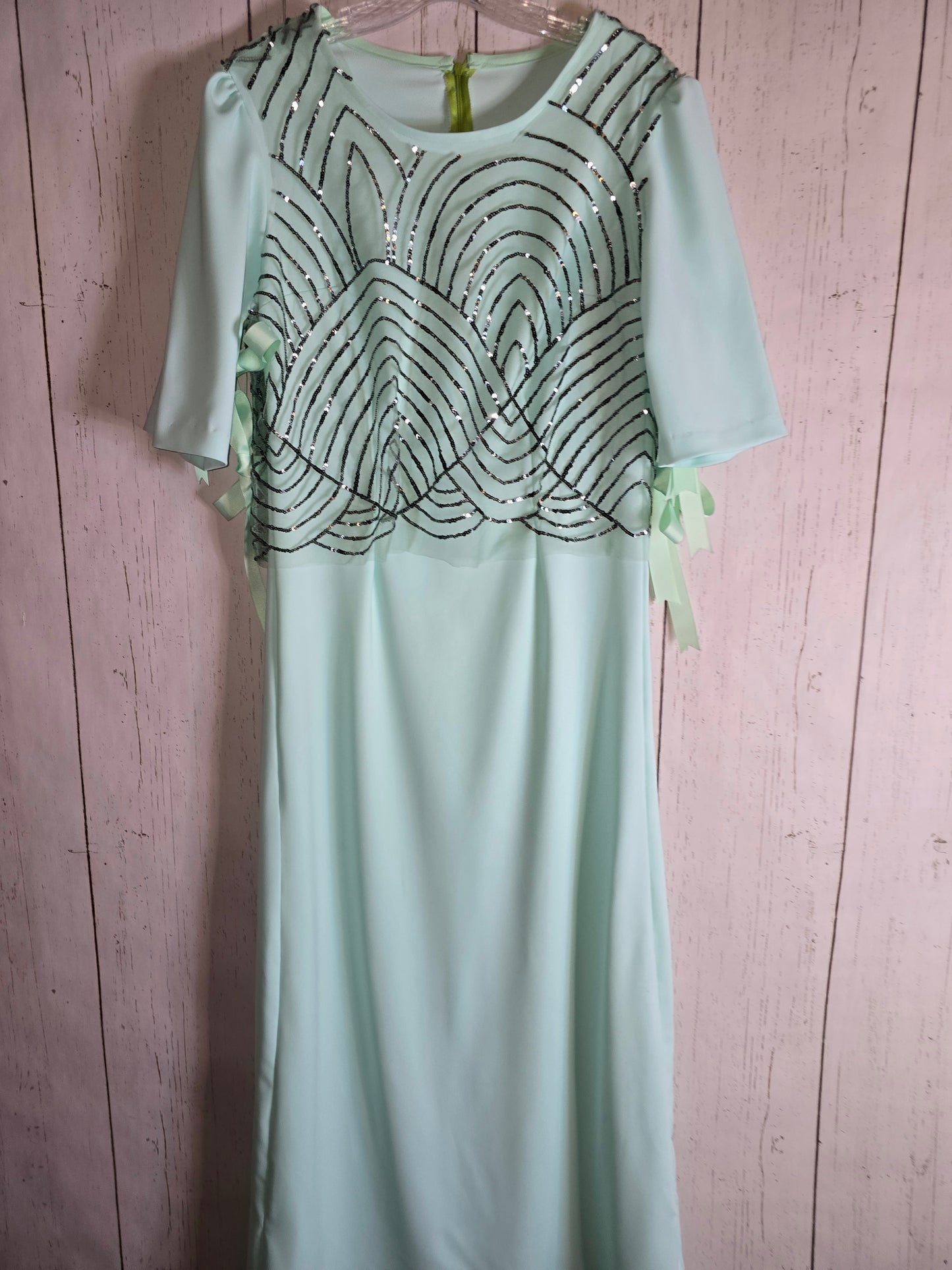 Elegant long green light green dress with 3/4 sleeves made for JulissaDesigns Collection