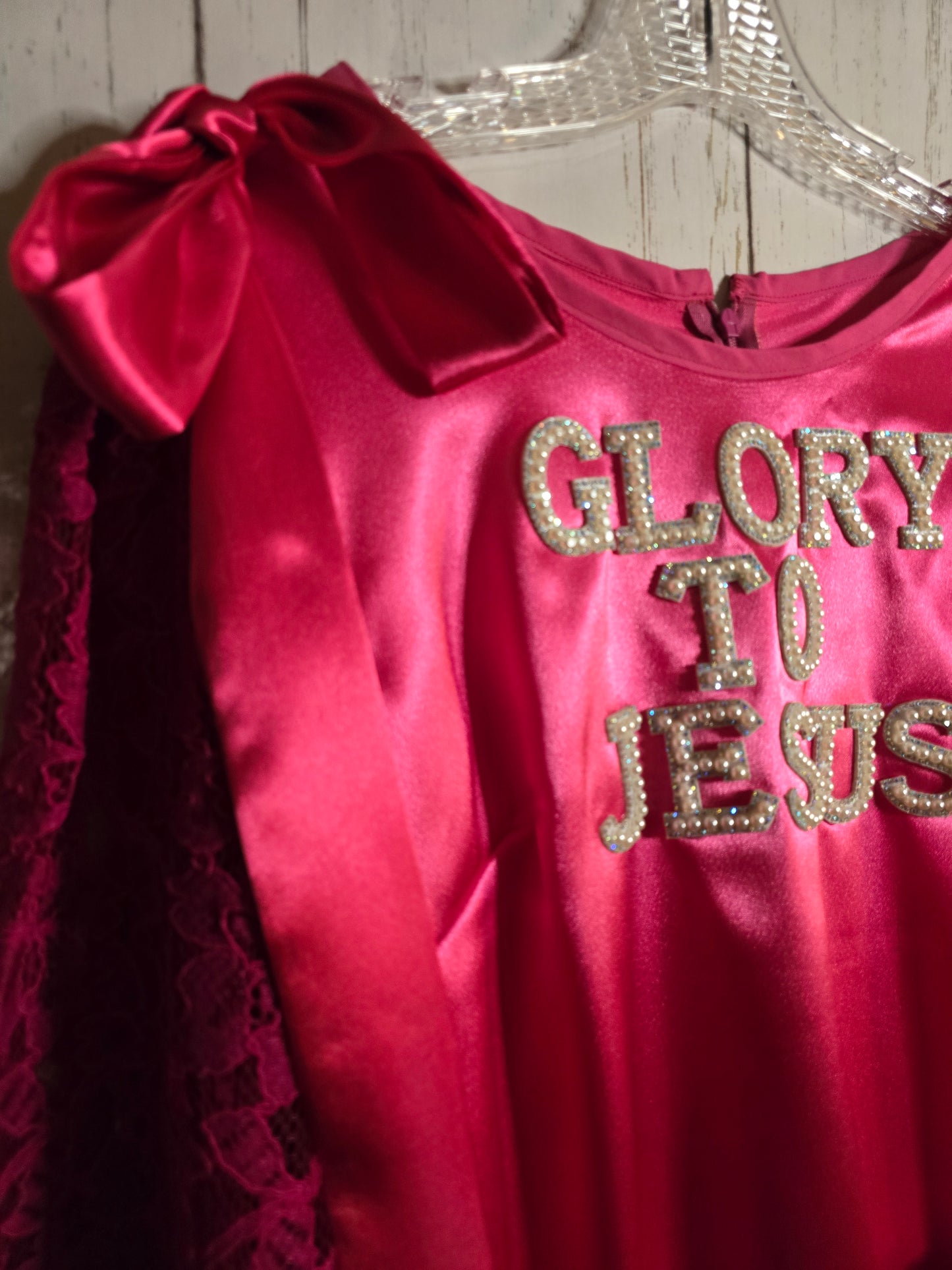 Glory to Jesus long Pink Silky dress with lace sleeves and ribbons