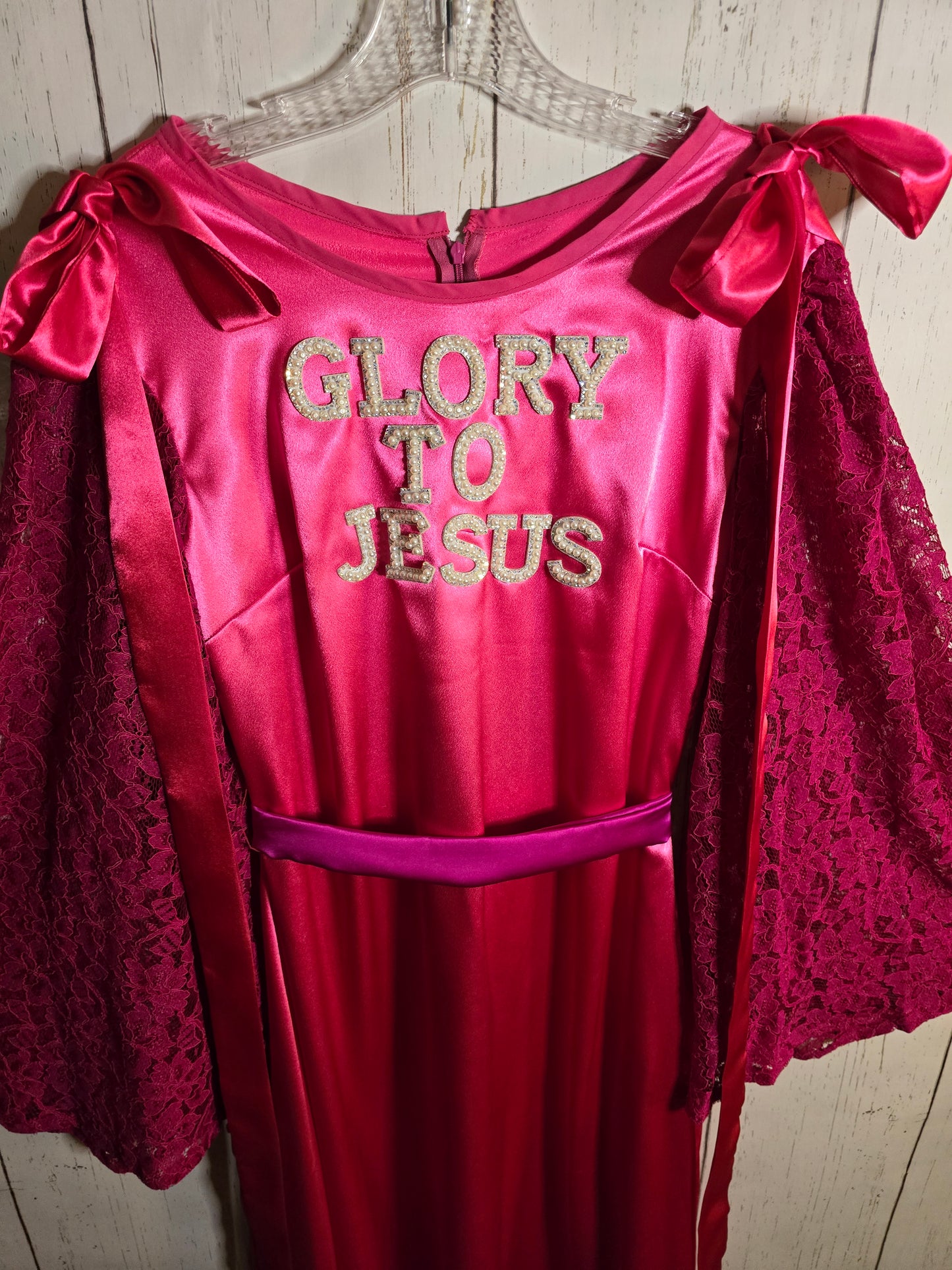 Glory to Jesus long Pink Silky dress with lace sleeves and ribbons