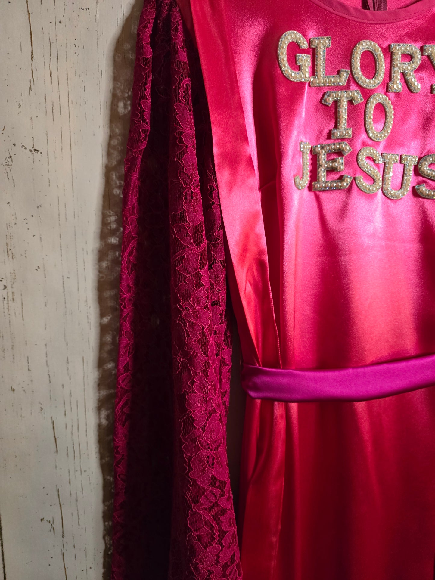 Glory to Jesus long Pink Silky dress with lace sleeves and ribbons