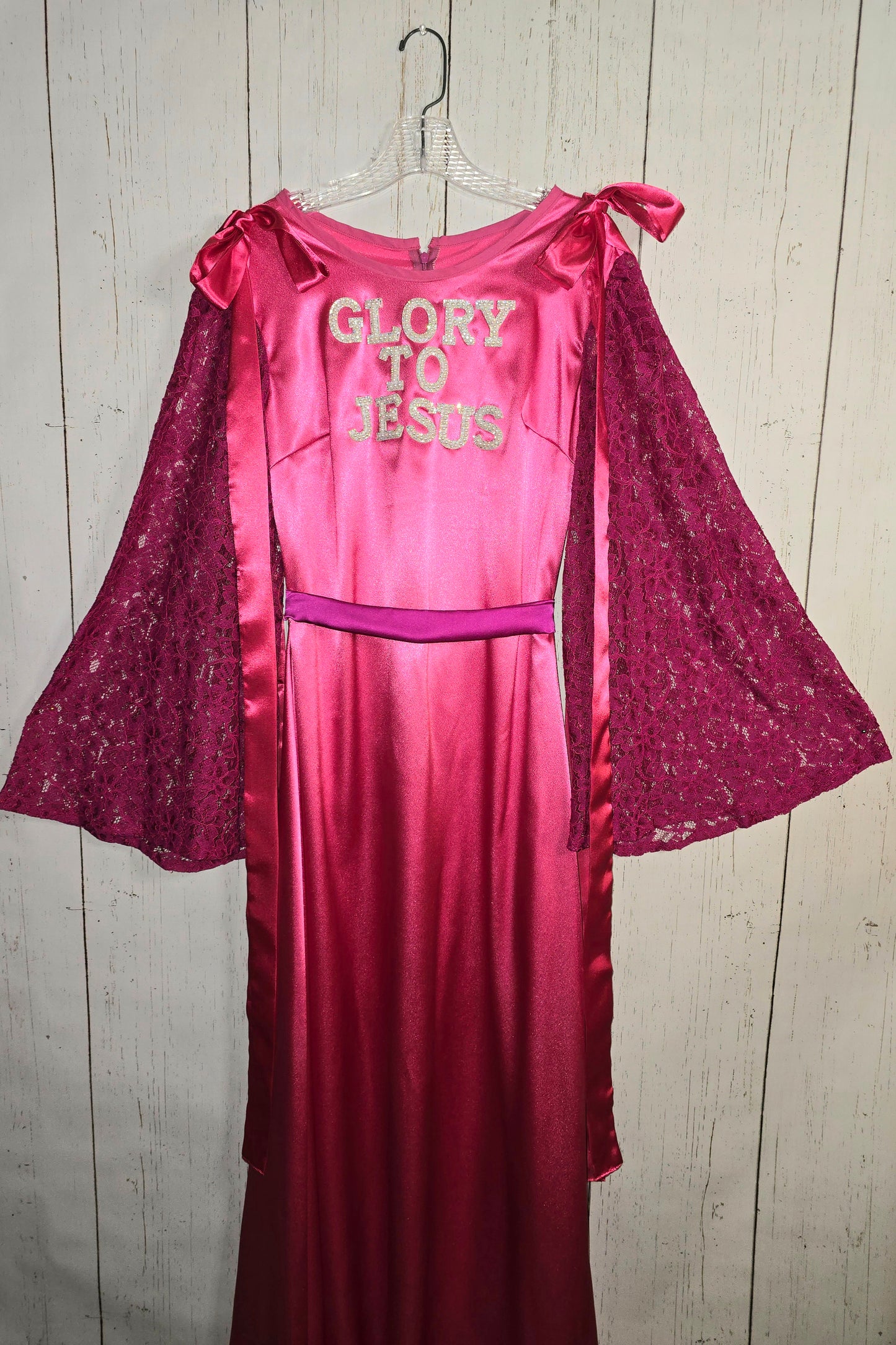 Glory to Jesus long Pink Silky dress with lace sleeves and ribbons